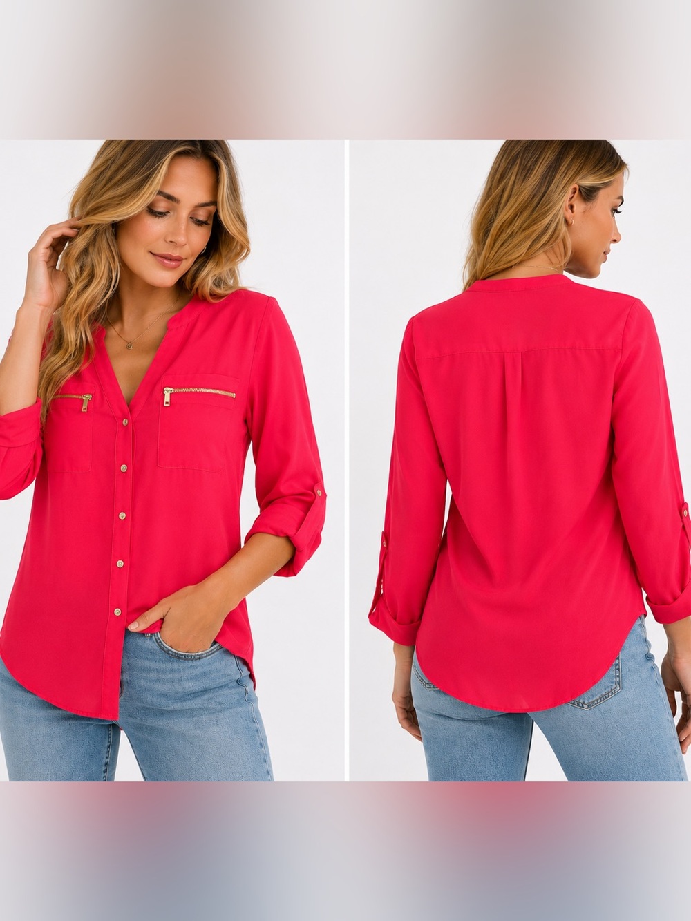 Calvin Klein Hot Pink/red Button-Up Blouse Gold Zip Pockets Roll Tab Sleeves